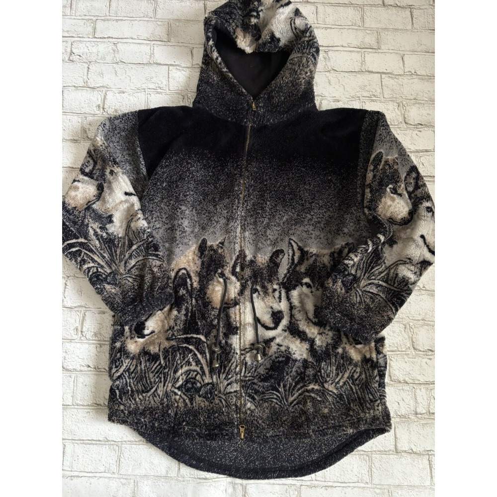 VTG Natural Reflections Wolf Pack Full Moon Fleece Sherpa Hooded Jacket USA M